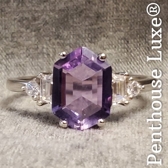 SOLID 925 Sterling Silver Purple Amethyst Elongated Hexagon Cut Ring - Picture 2 of 6